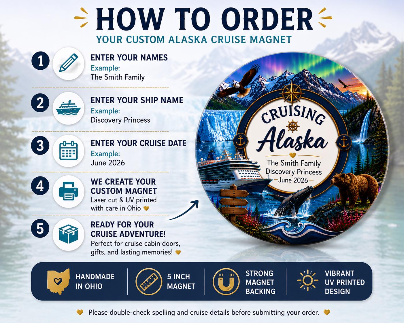 Personalized Alaska Cruise Magnet | Custom Cruise Door Magnet | Alaska Cruise Keepsake | Family Cruise Gift | Custom Ship Name & Date