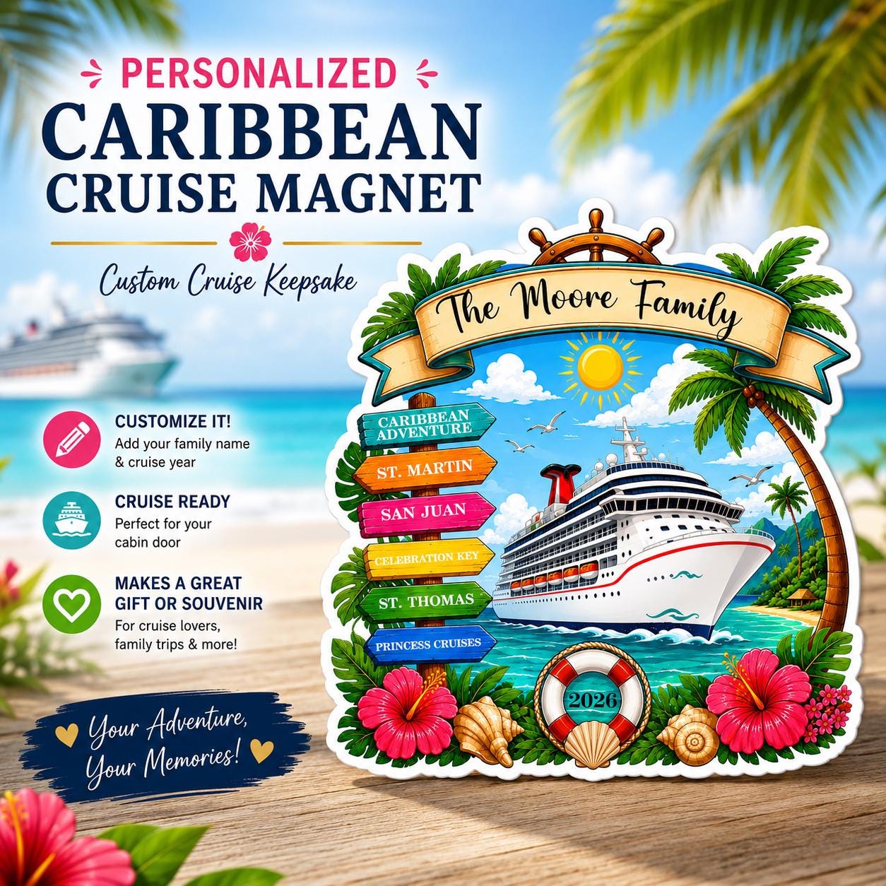 Personalized Caribbean Cruise Magnet, Caribbean Cruise Door Magnet, Cruise Cabin Door Decor, Family Cruise Keepsake, Custom Cruise Gift