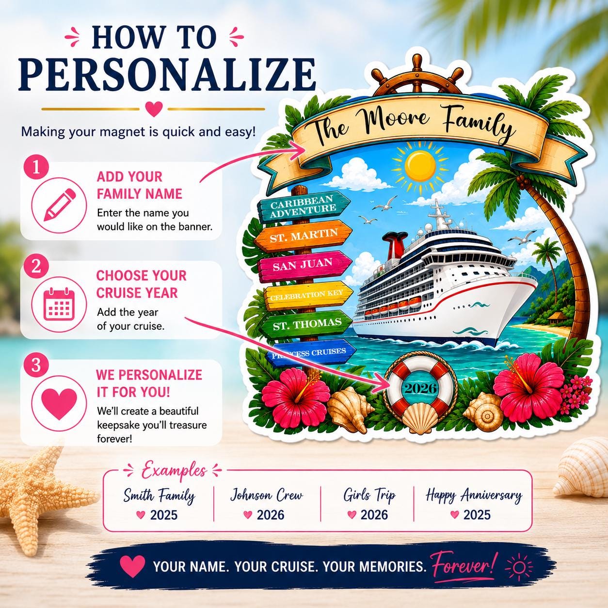 Personalized Caribbean Cruise Magnet, Caribbean Cruise Door Magnet, Cruise Cabin Door Decor, Family Cruise Keepsake, Custom Cruise Gift