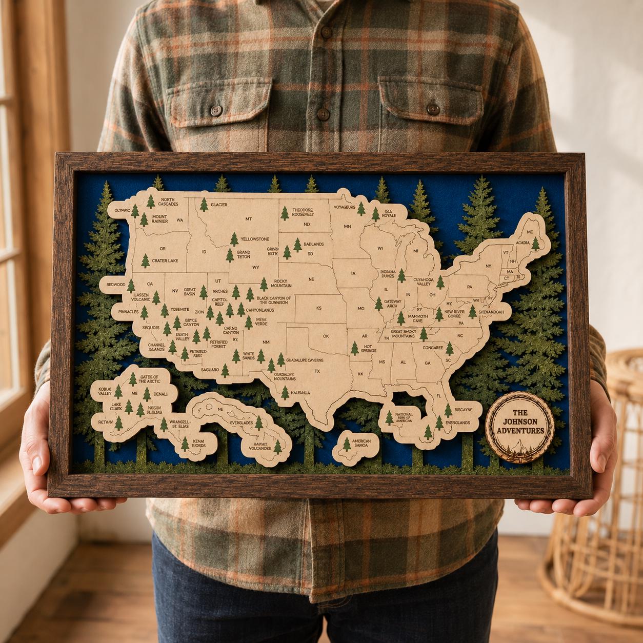 Personalized National Park Map | Laser Cut Wood Tracker | Framed Wall Art | Hiking Gift for Her | Hiking Gift for Him | National Park Gift
