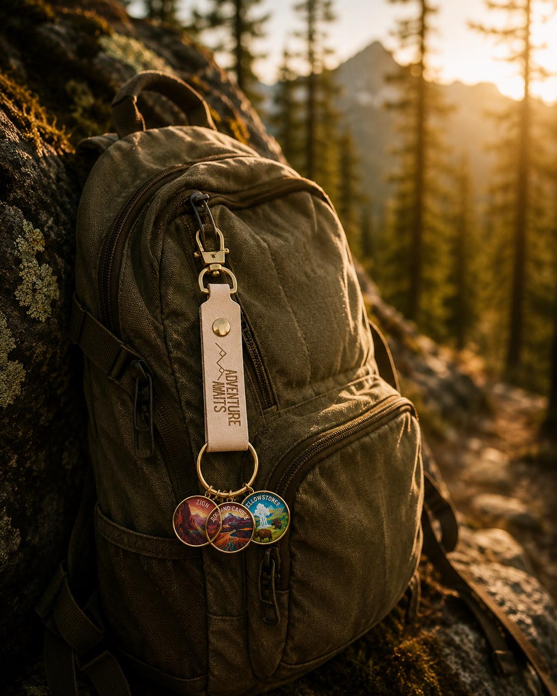 May include: A light tan leather keychain strap with a gold-tone metal lobster clasp and a gold ring holding three circular enamel charms. The leather strap is embossed with the text ADVENTURE AWAITS and a mountain graphic. The charms feature colorful illustrations of Zion, Bryce Canyon, and Yellowstone national parks.