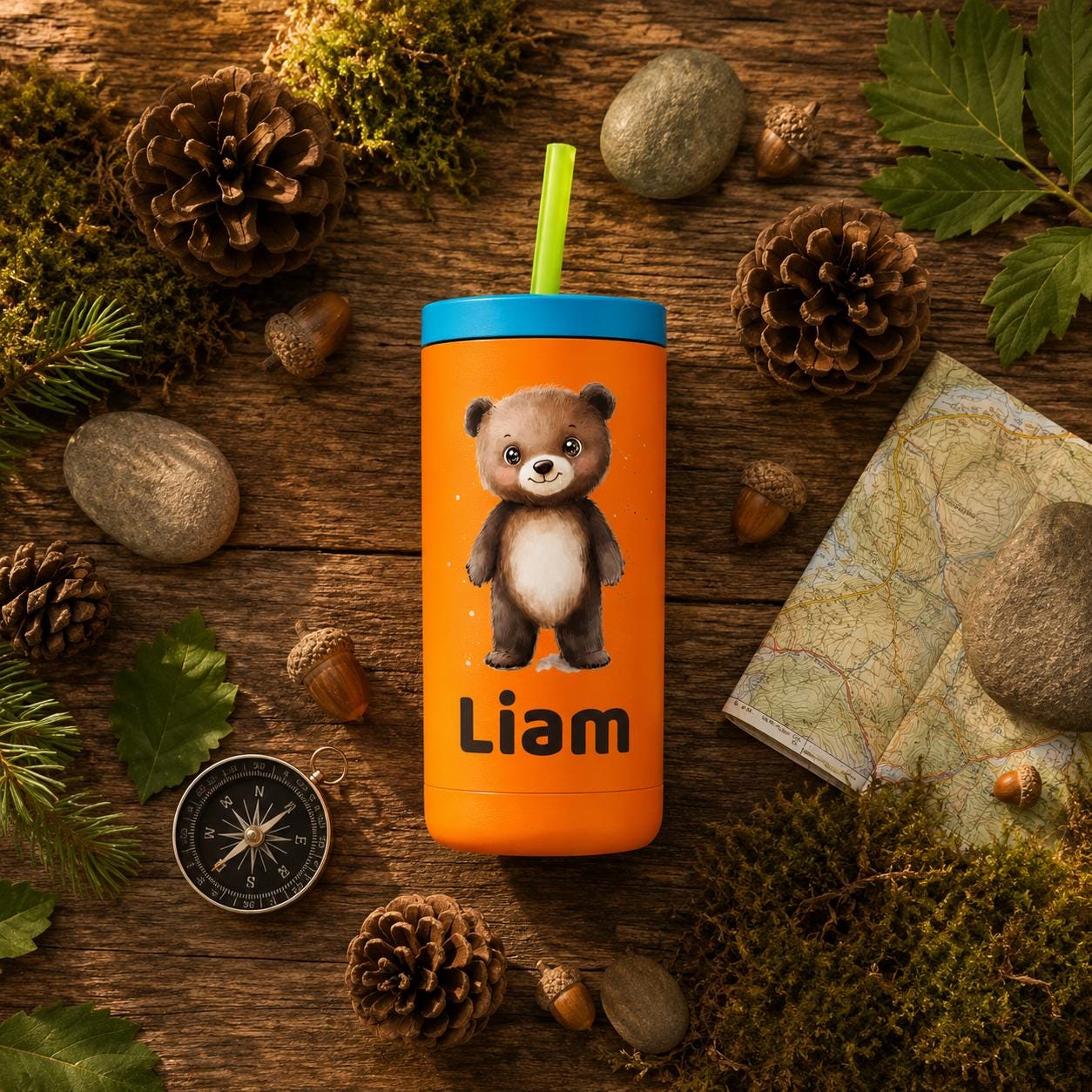 Bear Water Bottle for Kids, Woodland Tumbler with Name, Back to School Cup, Personalized Toddler Boy Gift, Kindergarten Cup