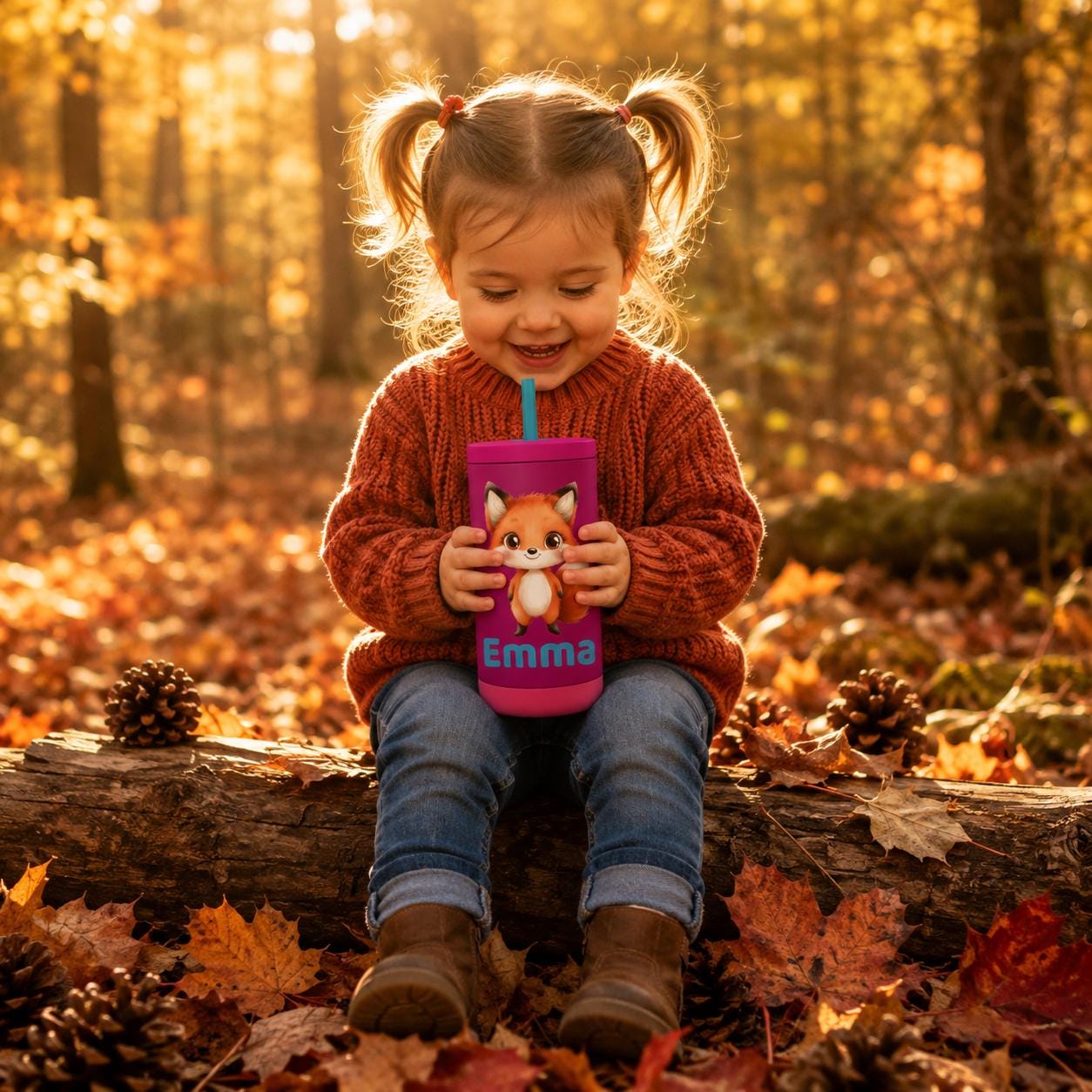 Fox Water Bottle for Kids, Woodland Tumbler with Name, Back to School Cup, Personalized Toddler Gift, Kindergarten Water Bottle
