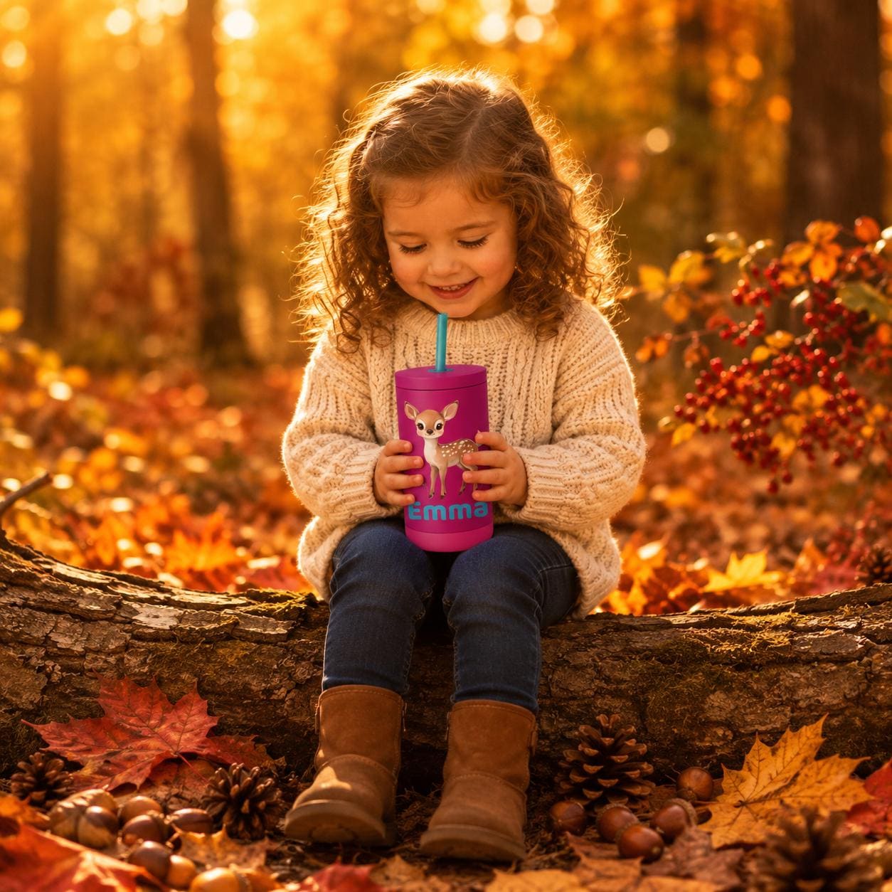 Deer Water Bottle for Kids, Woodland Tumbler with Name, Back to School Cup, Personalized Toddler Gift, Fall Kids Cup
