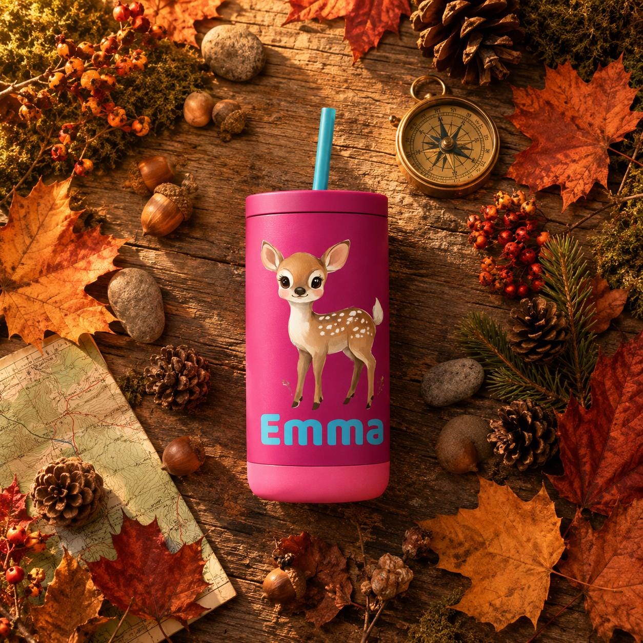 Deer Water Bottle for Kids, Woodland Tumbler with Name, Back to School Cup, Personalized Toddler Gift, Fall Kids Cup