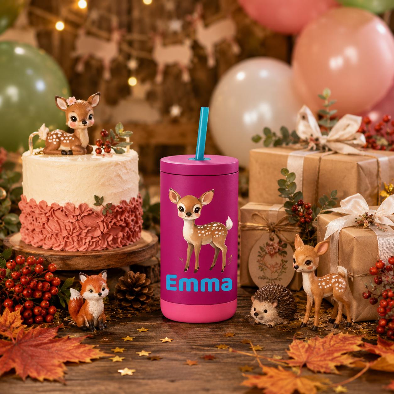 Deer Water Bottle for Kids, Woodland Tumbler with Name, Back to School Cup, Personalized Toddler Gift, Fall Kids Cup