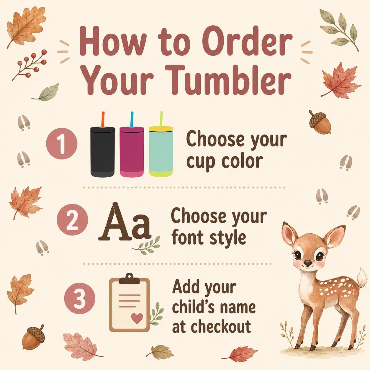 Deer Water Bottle for Kids, Woodland Tumbler with Name, Back to School Cup, Personalized Toddler Gift, Fall Kids Cup