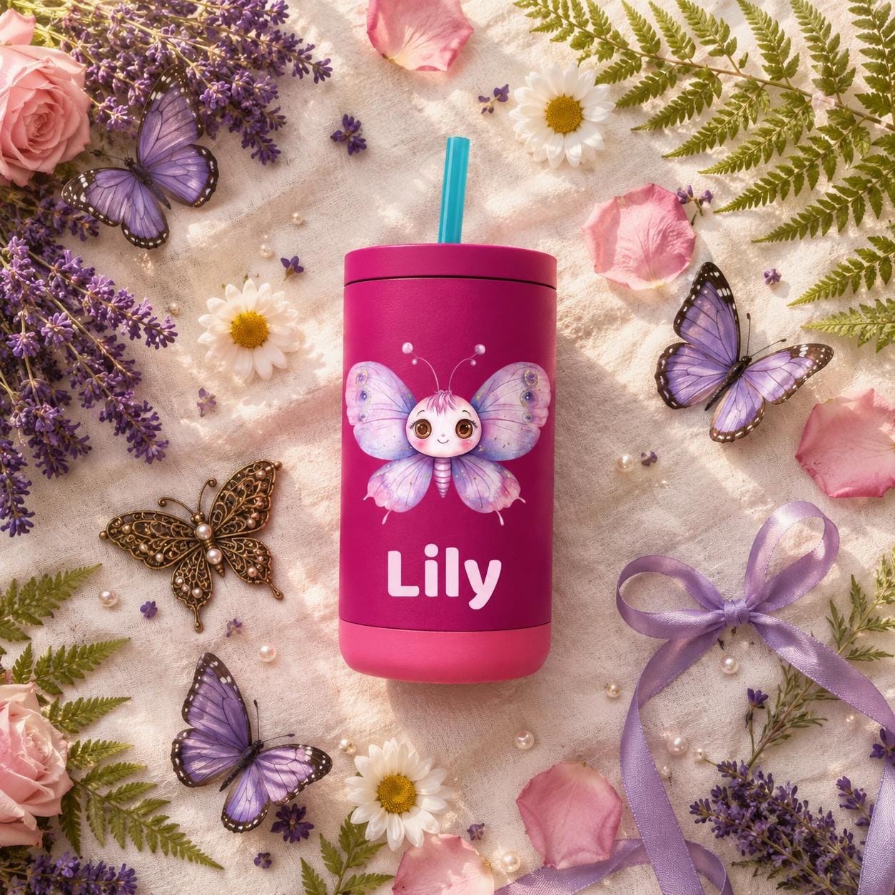 Butterfly Water Bottle for Girls, Kids Tumbler with Name, Back to School Cup, Personalized Toddler Girl Gift, Kindergarten Cup
