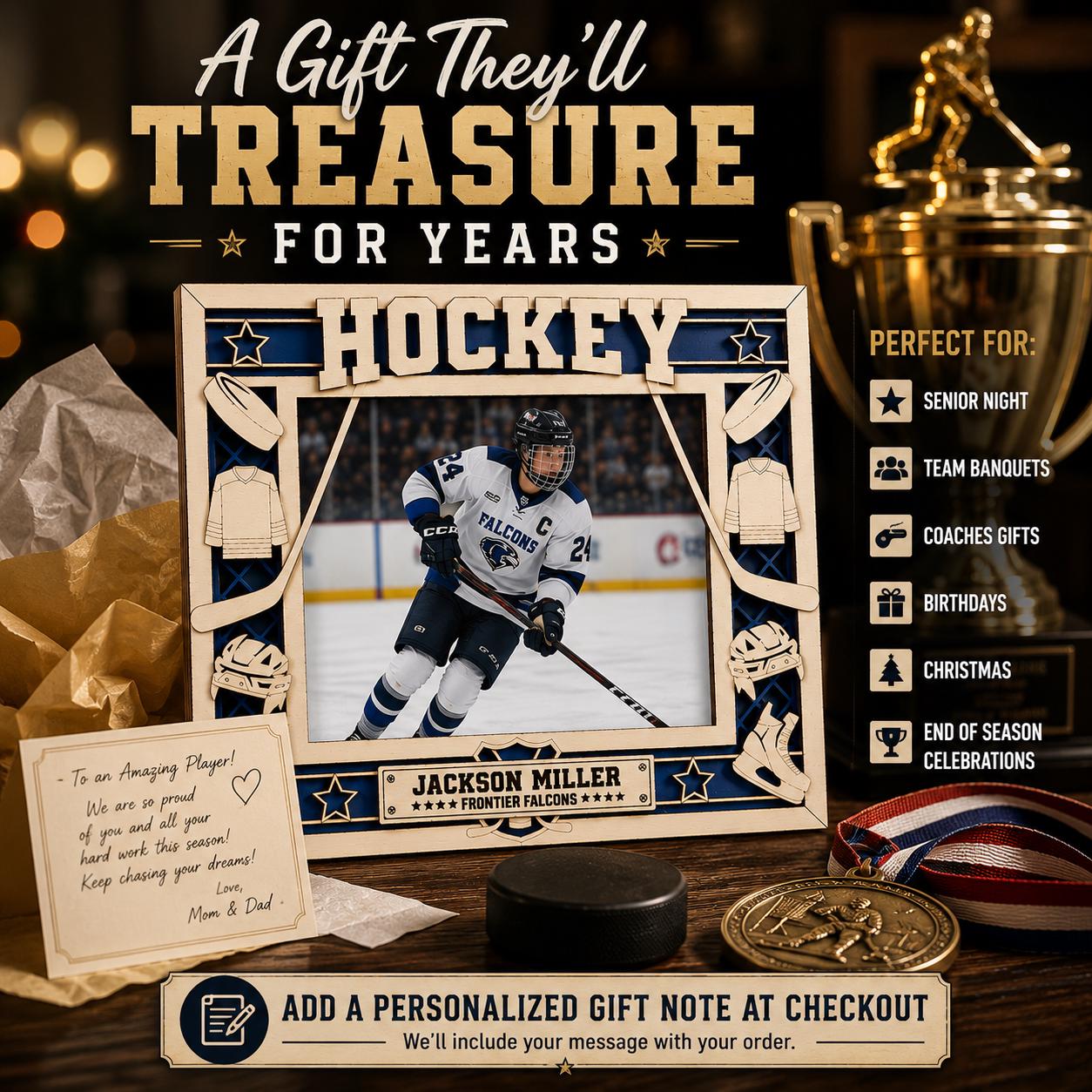 Personalized Hockey Picture Frame, Custom Wood Hockey Gift, Hockey Player Frame, Coach Gift, Hockey Dad Gift, End of Season Team Gift