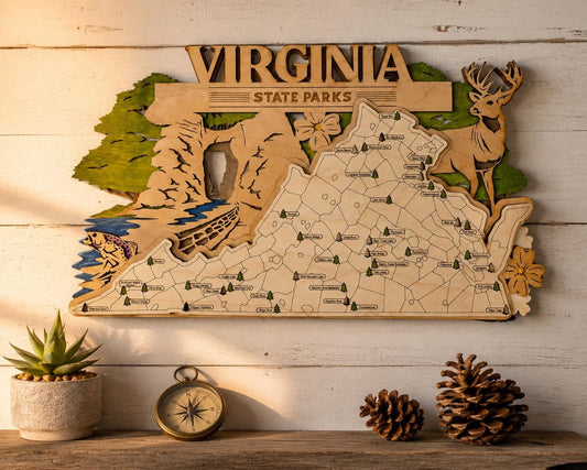 Personalized Virginia State Parks Map | VA Travel Tracker | Layered Wood Adventure Keepsake | Hiking & Camping Gift