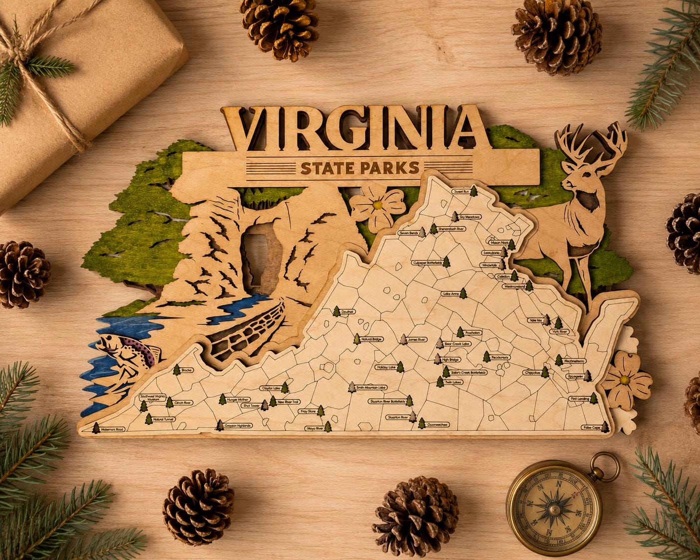 Personalized Virginia State Parks Map | VA Travel Tracker | Layered Wood Adventure Keepsake | Hiking & Camping Gift
