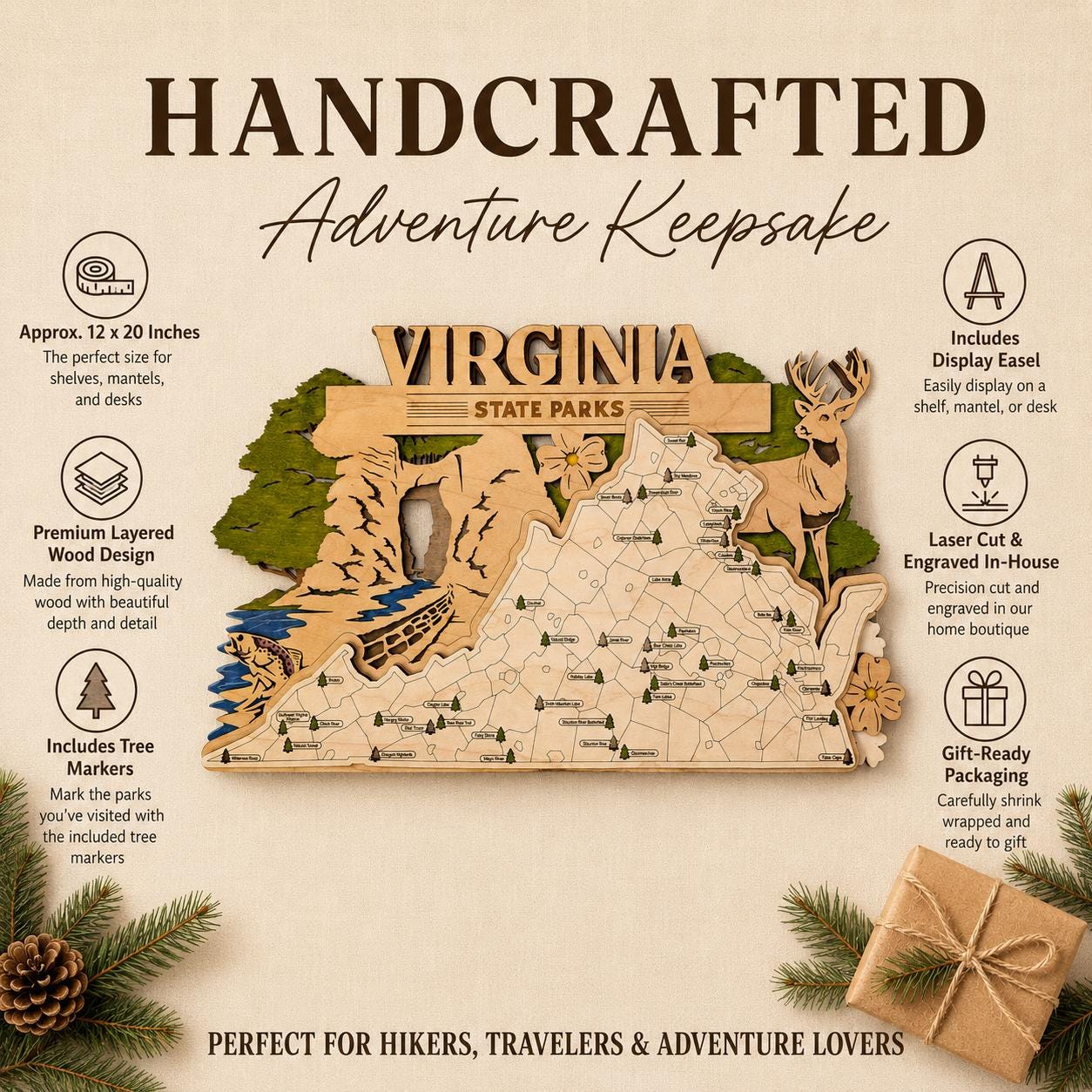Personalized Virginia State Parks Map | VA Travel Tracker | Layered Wood Adventure Keepsake | Hiking & Camping Gift