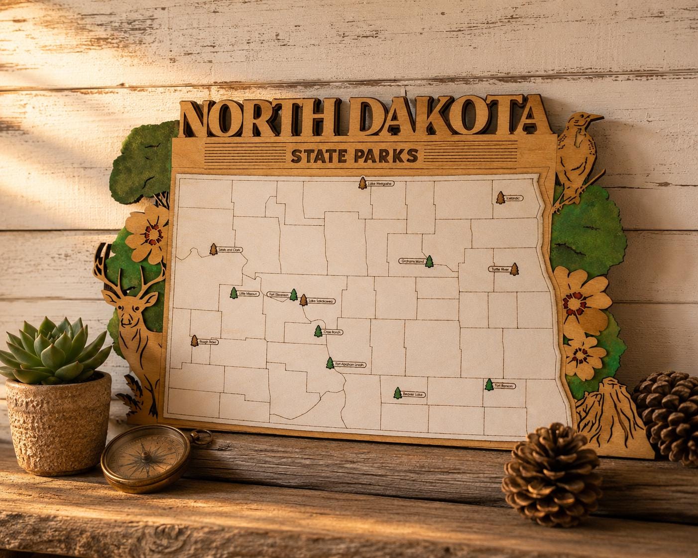 Personalized North Dakota State Parks Map | ND Travel Tracker | Layered Wood Adventure Keepsake | Hiking & Camping Gift