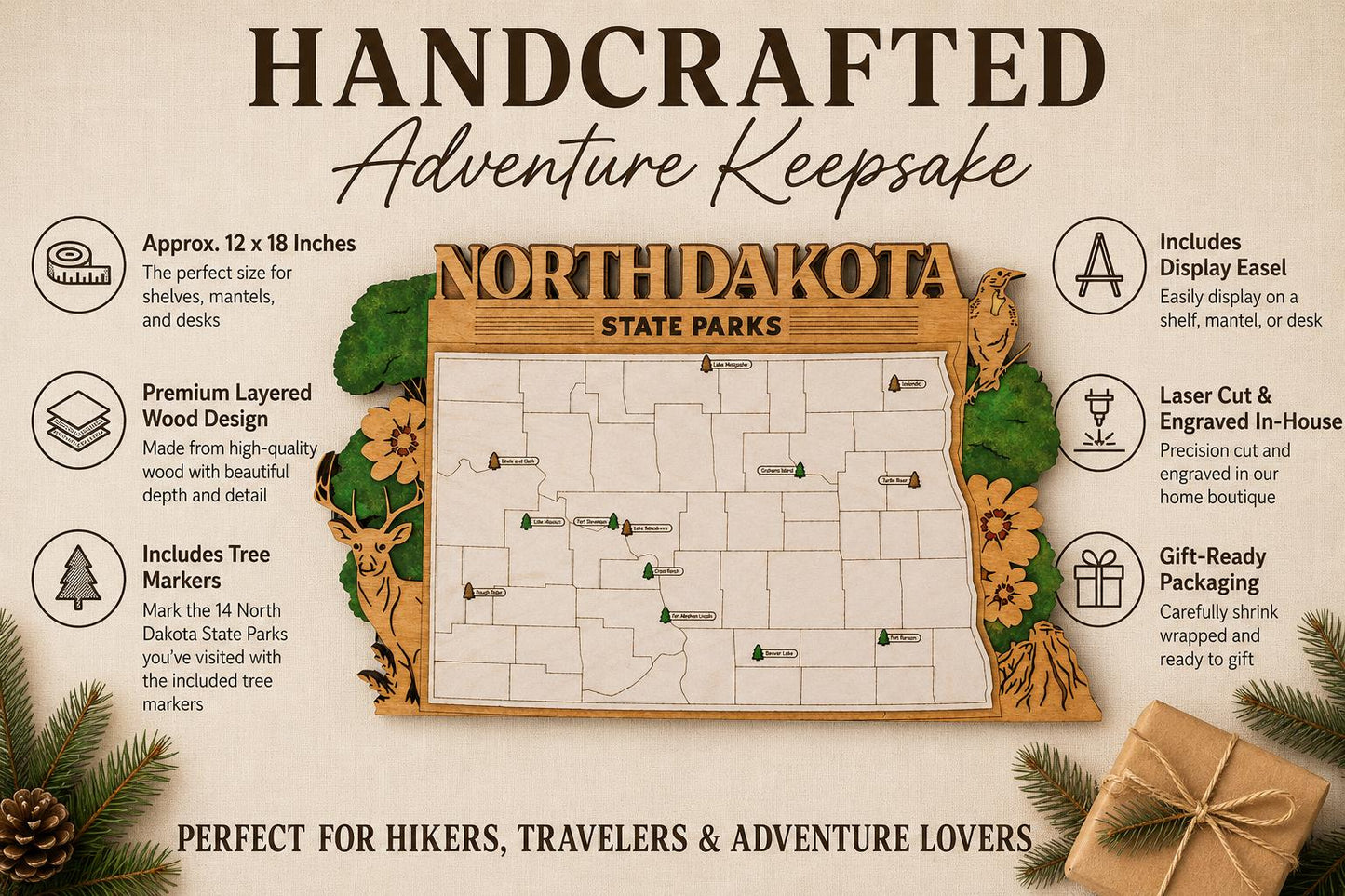 Personalized North Dakota State Parks Map | ND Travel Tracker | Layered Wood Adventure Keepsake | Hiking & Camping Gift