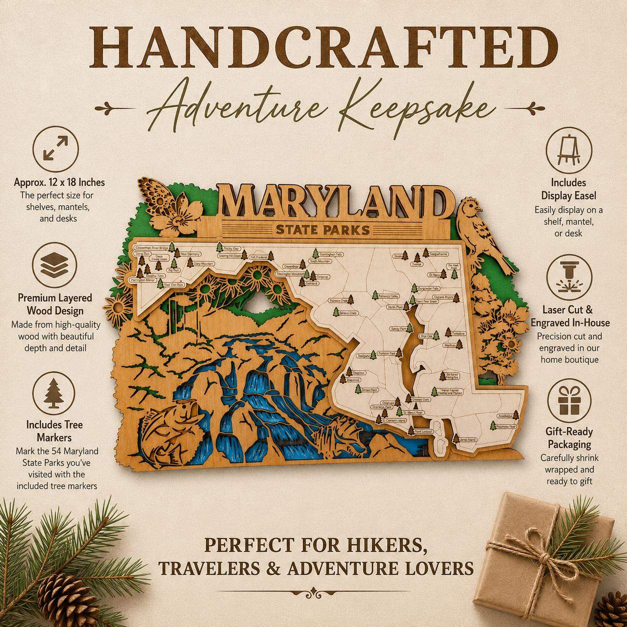 Personalized Maryland State Parks Map | MD Travel Tracker | Layered Wood Adventure Keepsake | Hiking & Camping Gift | Maryland Wall Art