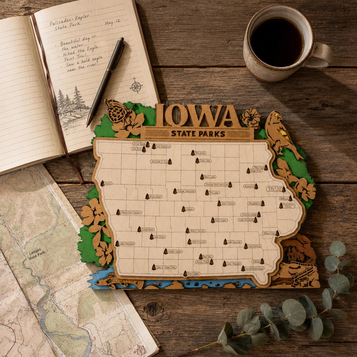 Personalized Iowa State Parks Map | IA Travel Tracker | Layered Wood Adventure Keepsake | Hiking & Camping Gift | Iowa Wall Art