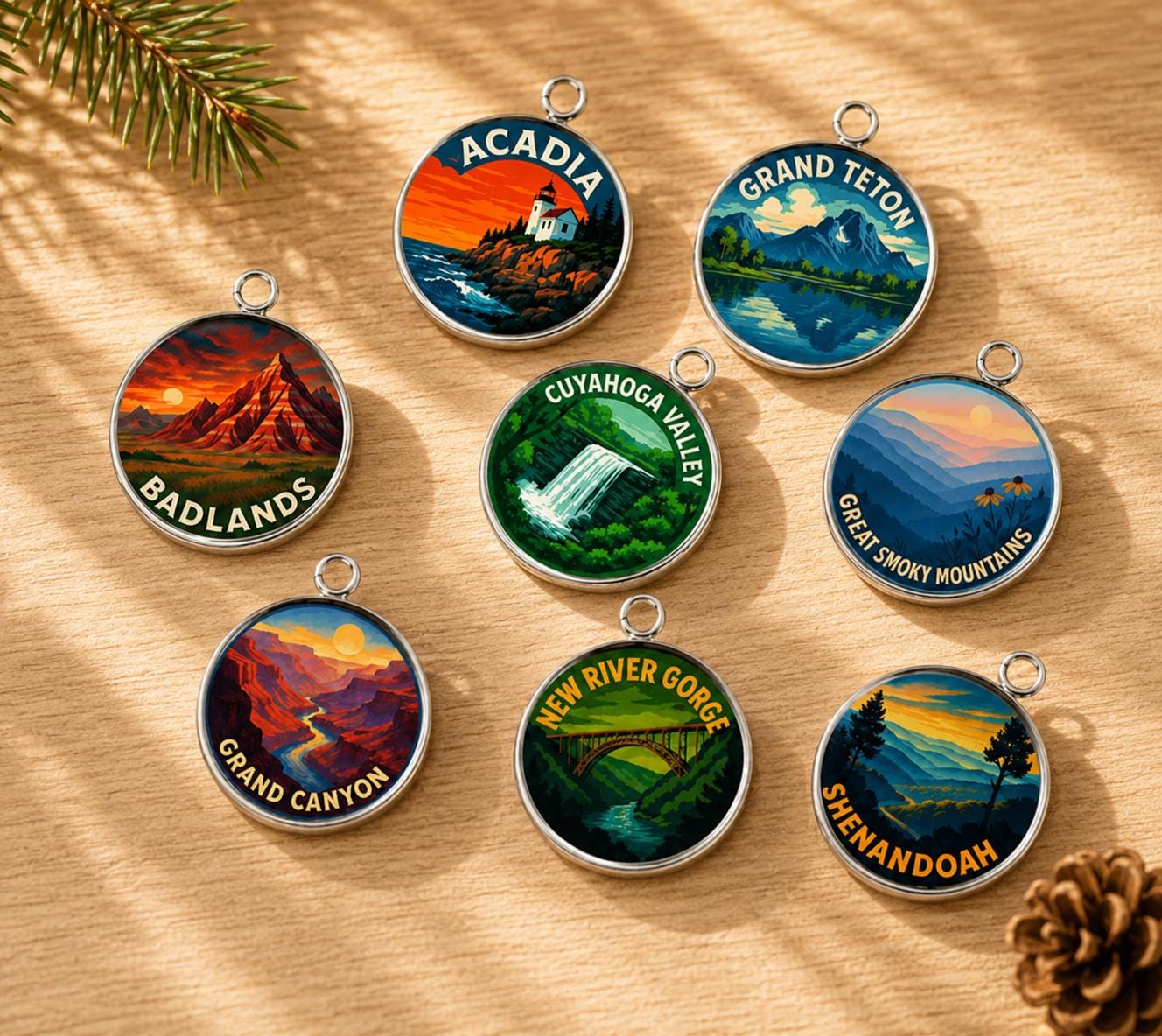 May include: Eight circular silver-toned metal charms featuring colorful landscape illustrations of U.S. National Parks. Each charm displays a specific park name including Acadia, Grand Teton, Badlands, Cuyahoga Valley, Great Smoky Mountains, Grand Canyon, New River Gorge, and Shenandoah.