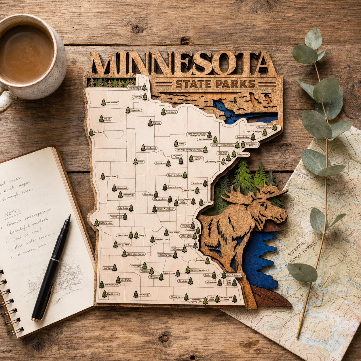Personalized Minnesota State Parks Map | MN Travel Tracker | Layered Wood Adventure Keepsake | Hiking & Camping Gift | Minnesota Wall Art