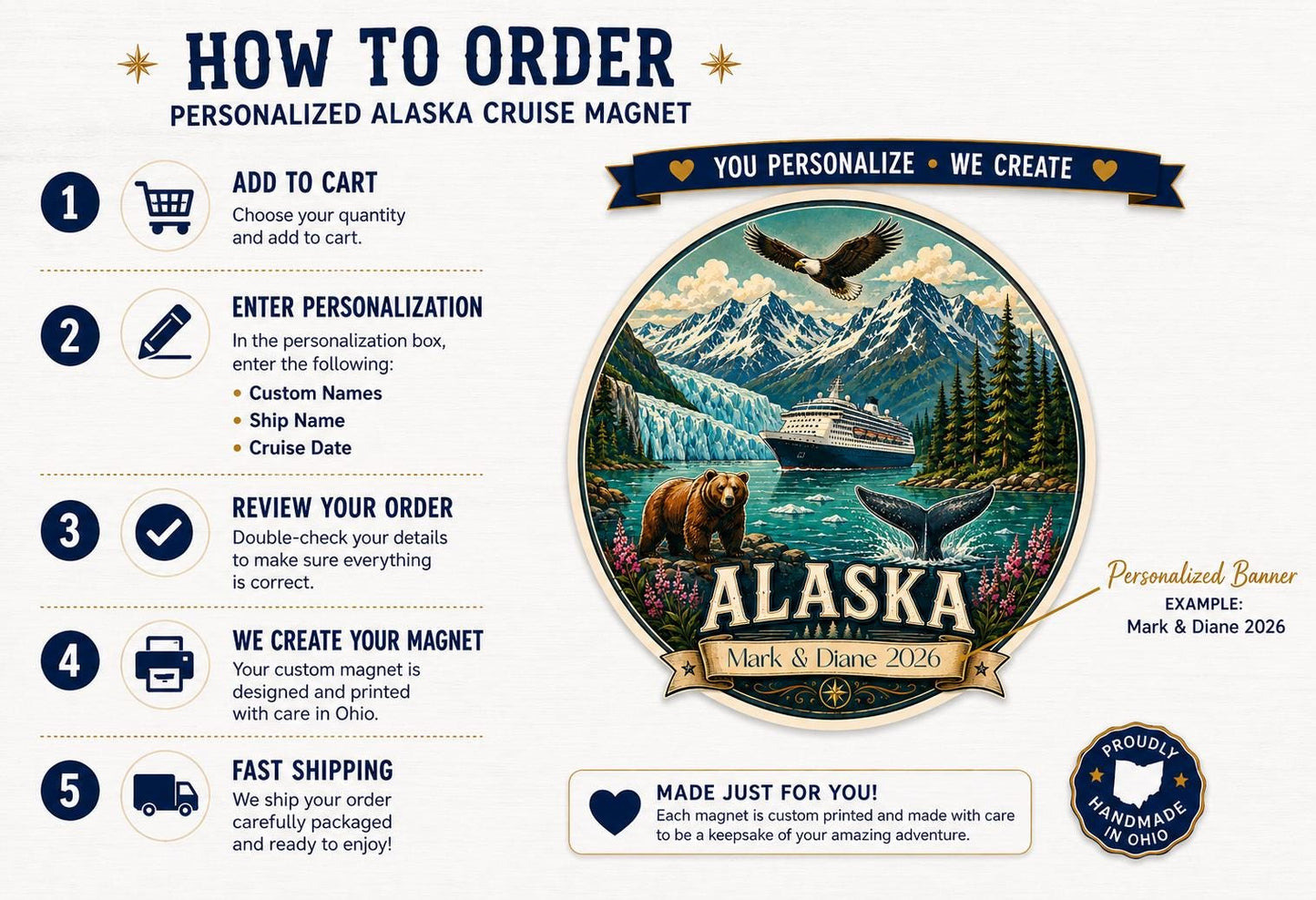 Personalized Alaska Cruise Magnet, Retro Alaska Souvenir Magnet, Custom Cruise Door Magnet, Alaska Trip Gift, 5 Inch Cruise Ship Magnet
