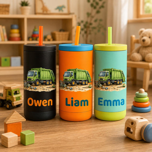 Garbage Truck Water Bottle for Boys, Kids Tumbler with Name, Back to School Cup, Personalized Toddler Boy Gift, Trash Truck Cup