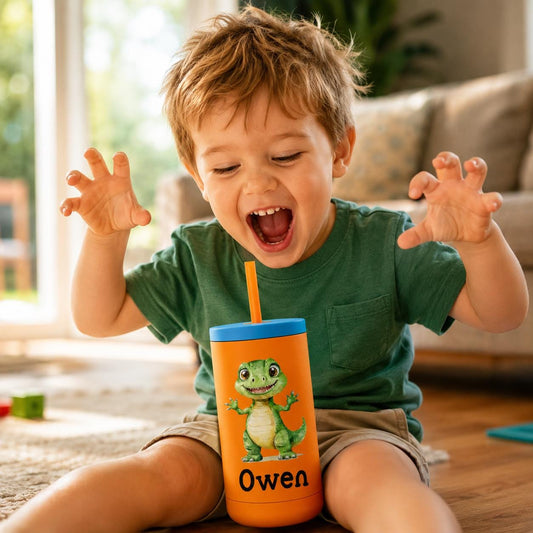 Dinosaur Water Bottle for Boys, Kids Tumbler with Name, Back to School Cup, Personalized Toddler Dino Gift, Kindergarten Water Bottle