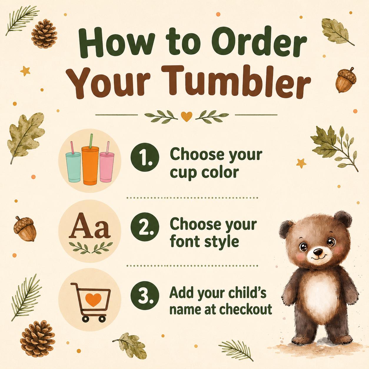 Bear Water Bottle for Kids, Woodland Tumbler with Name, Back to School Cup, Personalized Toddler Boy Gift, Kindergarten Cup