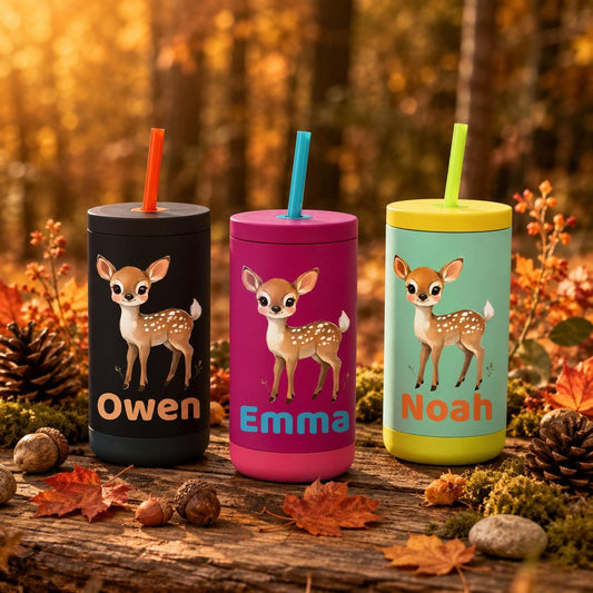 Deer Water Bottle for Kids, Woodland Tumbler with Name, Back to School Cup, Personalized Toddler Gift, Fall Kids Cup