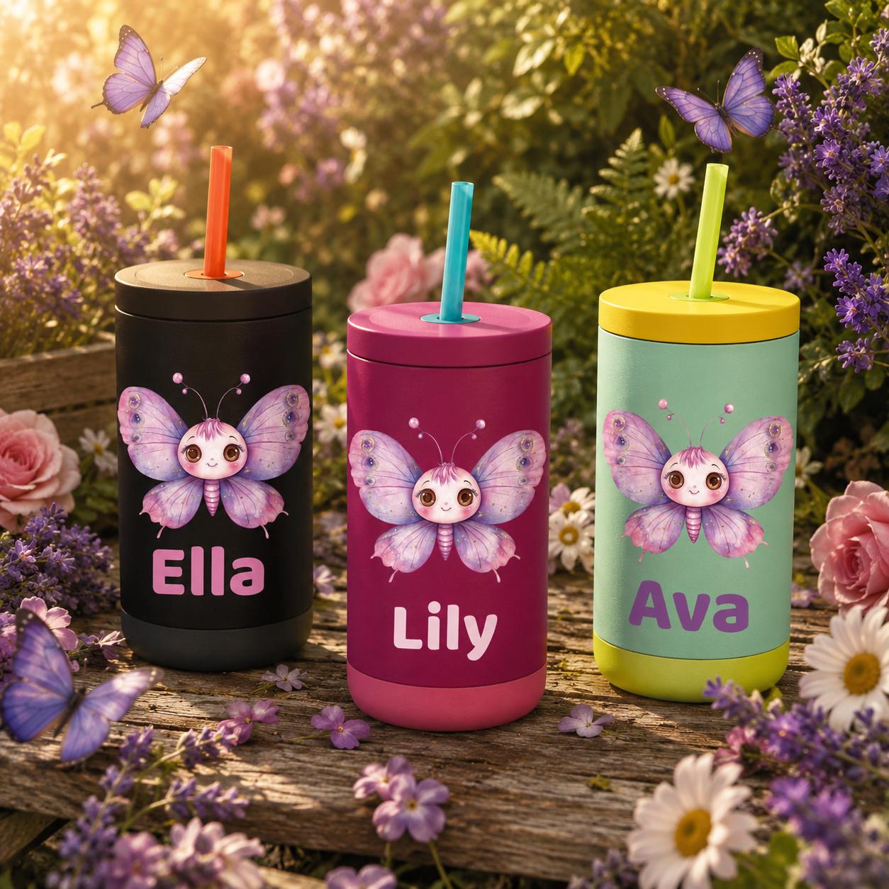 Butterfly Water Bottle for Girls, Kids Tumbler with Name, Back to School Cup, Personalized Toddler Girl Gift, Kindergarten Cup