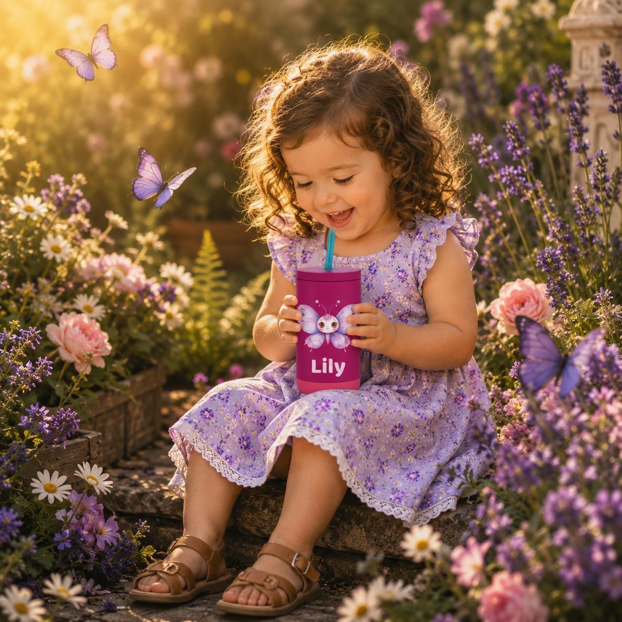 Butterfly Water Bottle for Girls, Kids Tumbler with Name, Back to School Cup, Personalized Toddler Girl Gift, Kindergarten Cup