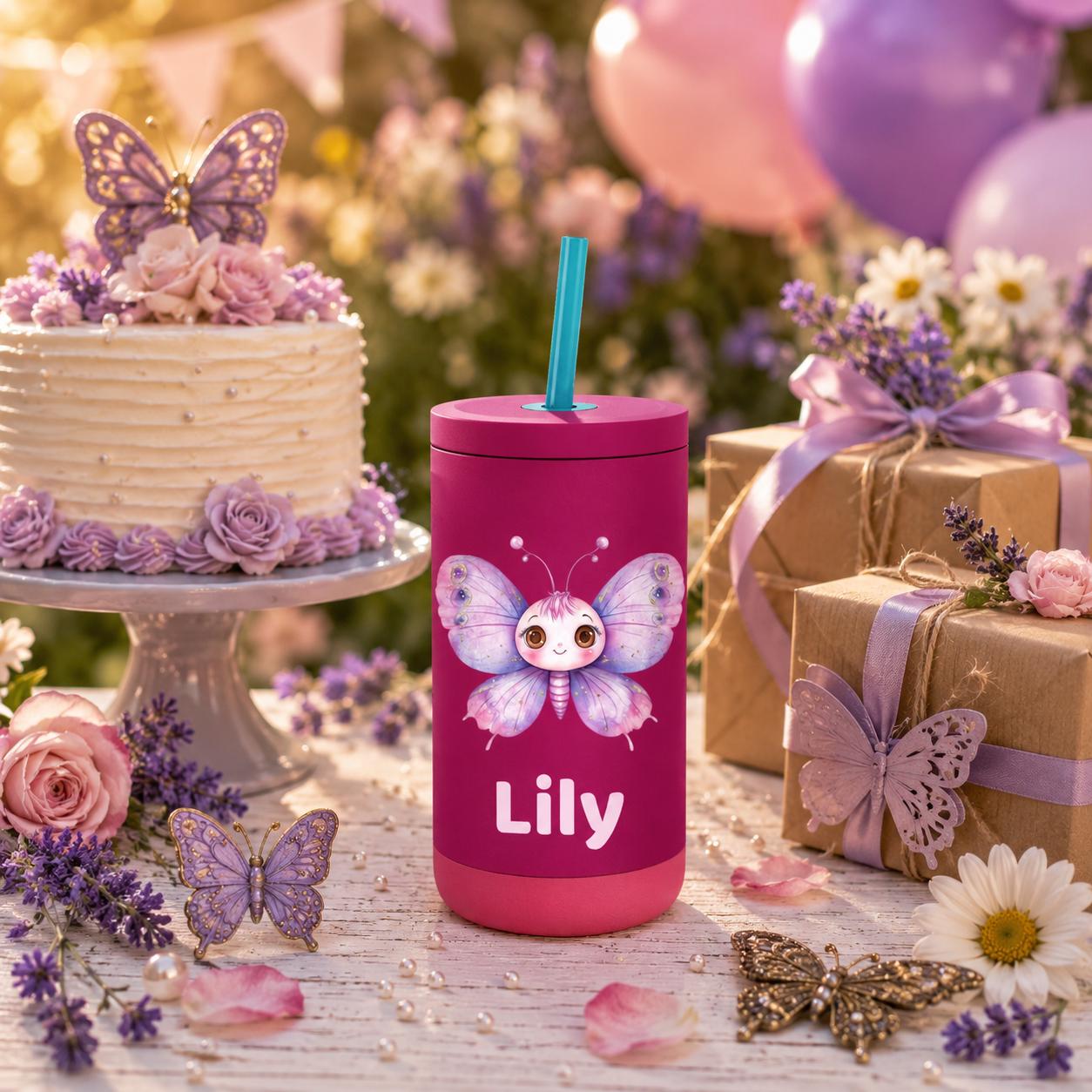 Butterfly Water Bottle for Girls, Kids Tumbler with Name, Back to School Cup, Personalized Toddler Girl Gift, Kindergarten Cup