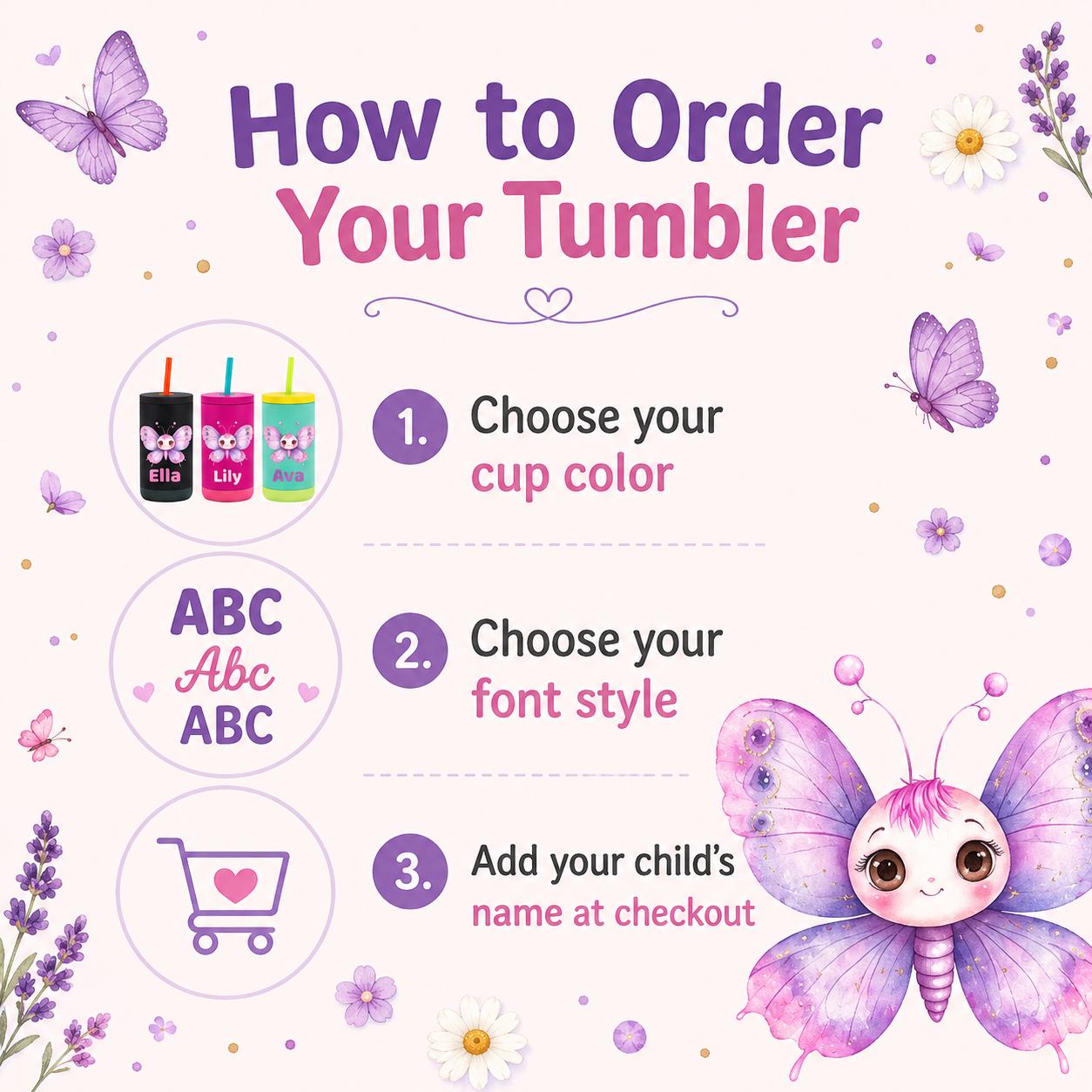 Butterfly Water Bottle for Girls, Kids Tumbler with Name, Back to School Cup, Personalized Toddler Girl Gift, Kindergarten Cup