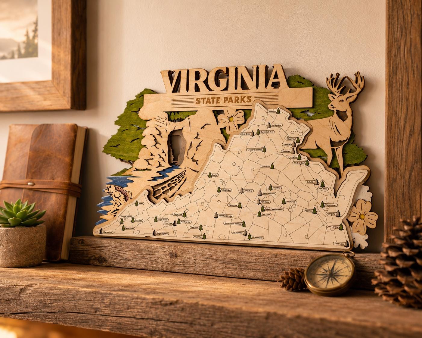 Personalized Virginia State Parks Map | VA Travel Tracker | Layered Wood Adventure Keepsake | Hiking & Camping Gift