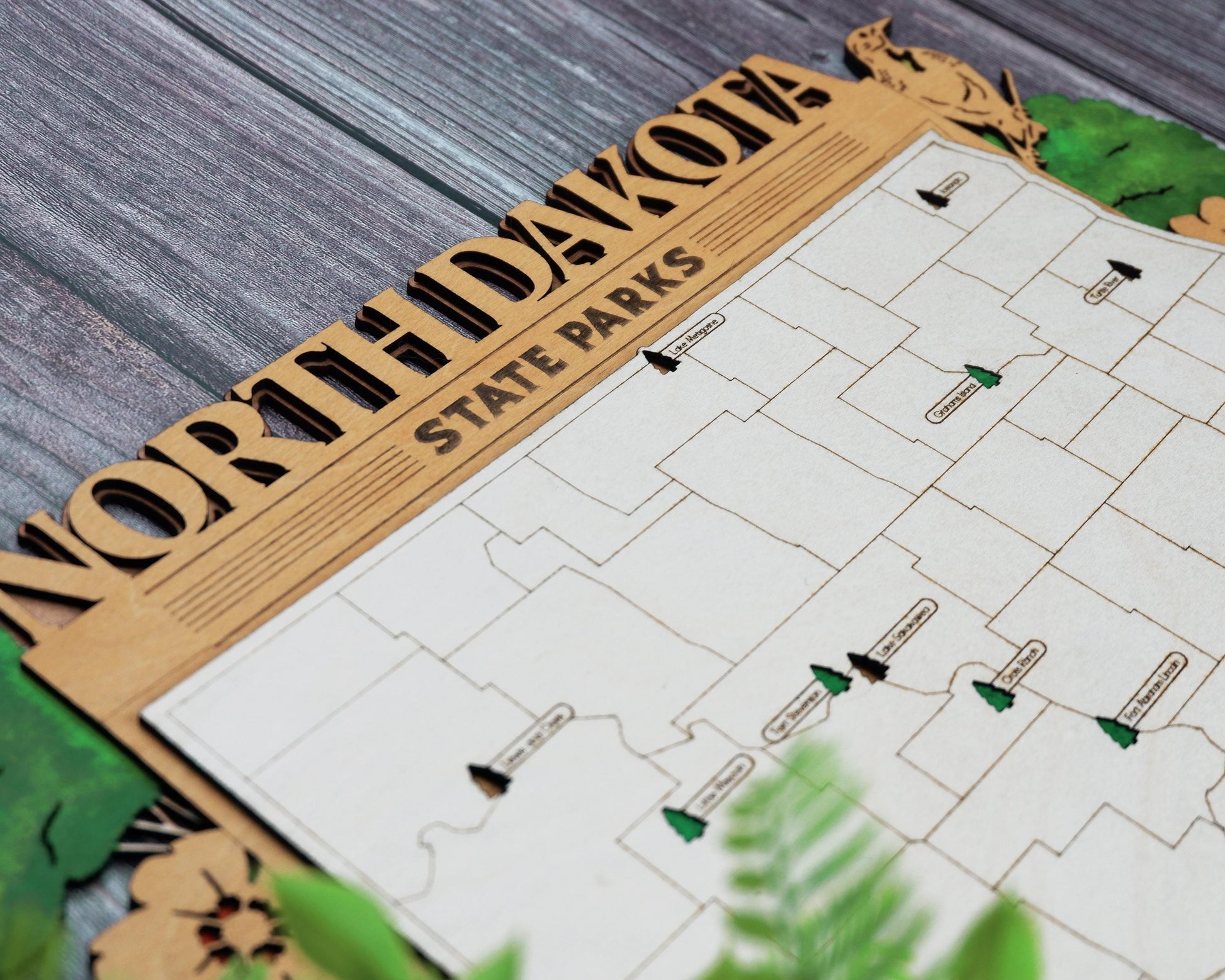 Personalized North Dakota State Parks Map | ND Travel Tracker | Layered Wood Adventure Keepsake | Hiking & Camping Gift