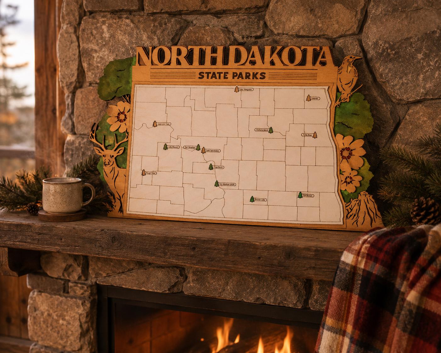 Personalized North Dakota State Parks Map | ND Travel Tracker | Layered Wood Adventure Keepsake | Hiking & Camping Gift