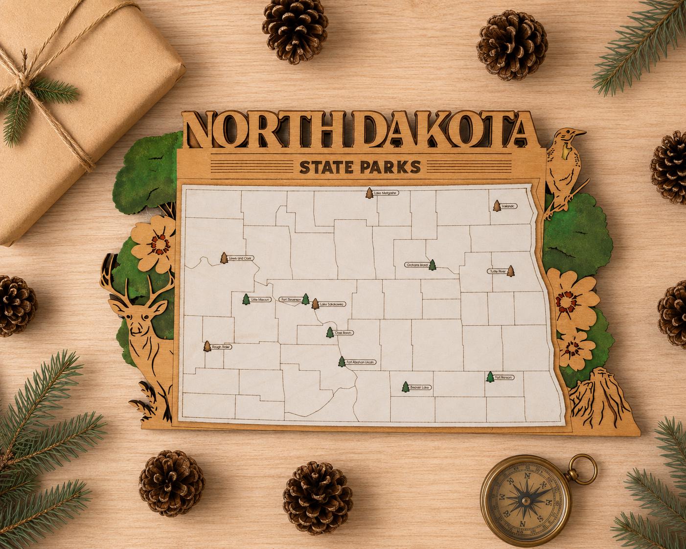 Personalized North Dakota State Parks Map | ND Travel Tracker | Layered Wood Adventure Keepsake | Hiking & Camping Gift