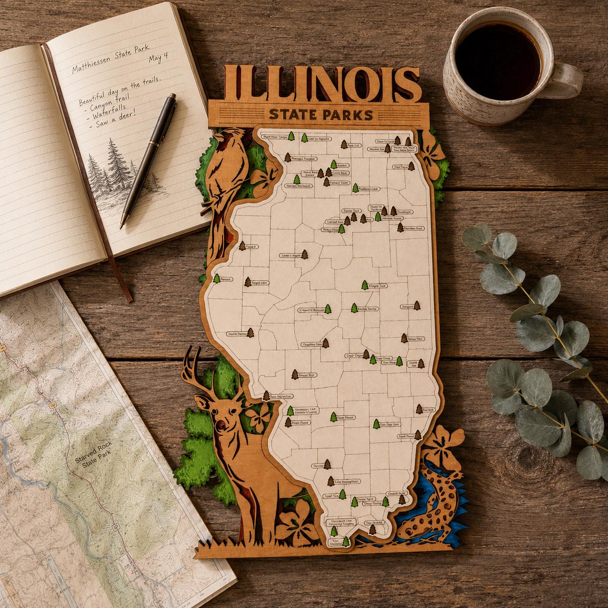 Personalized Illinois State Parks Map | IL Travel Tracker | Layered Wood Adventure Keepsake | Hiking & Camping Gift | Illinois Wall Art