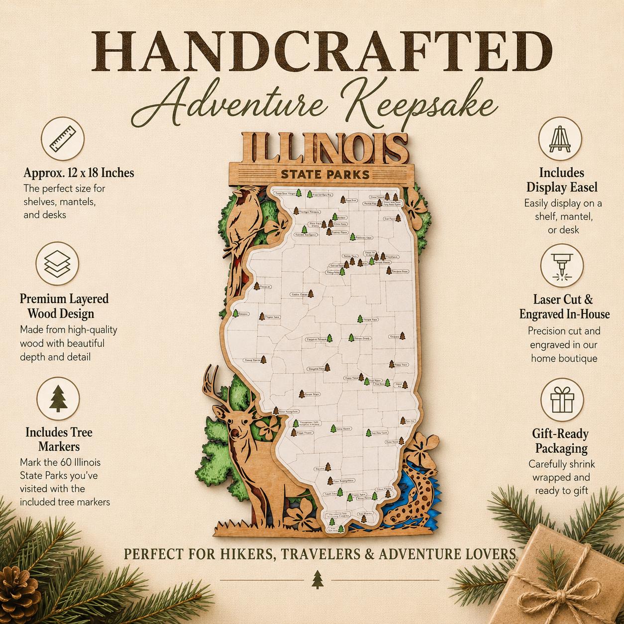 Personalized Illinois State Parks Map | IL Travel Tracker | Layered Wood Adventure Keepsake | Hiking & Camping Gift | Illinois Wall Art