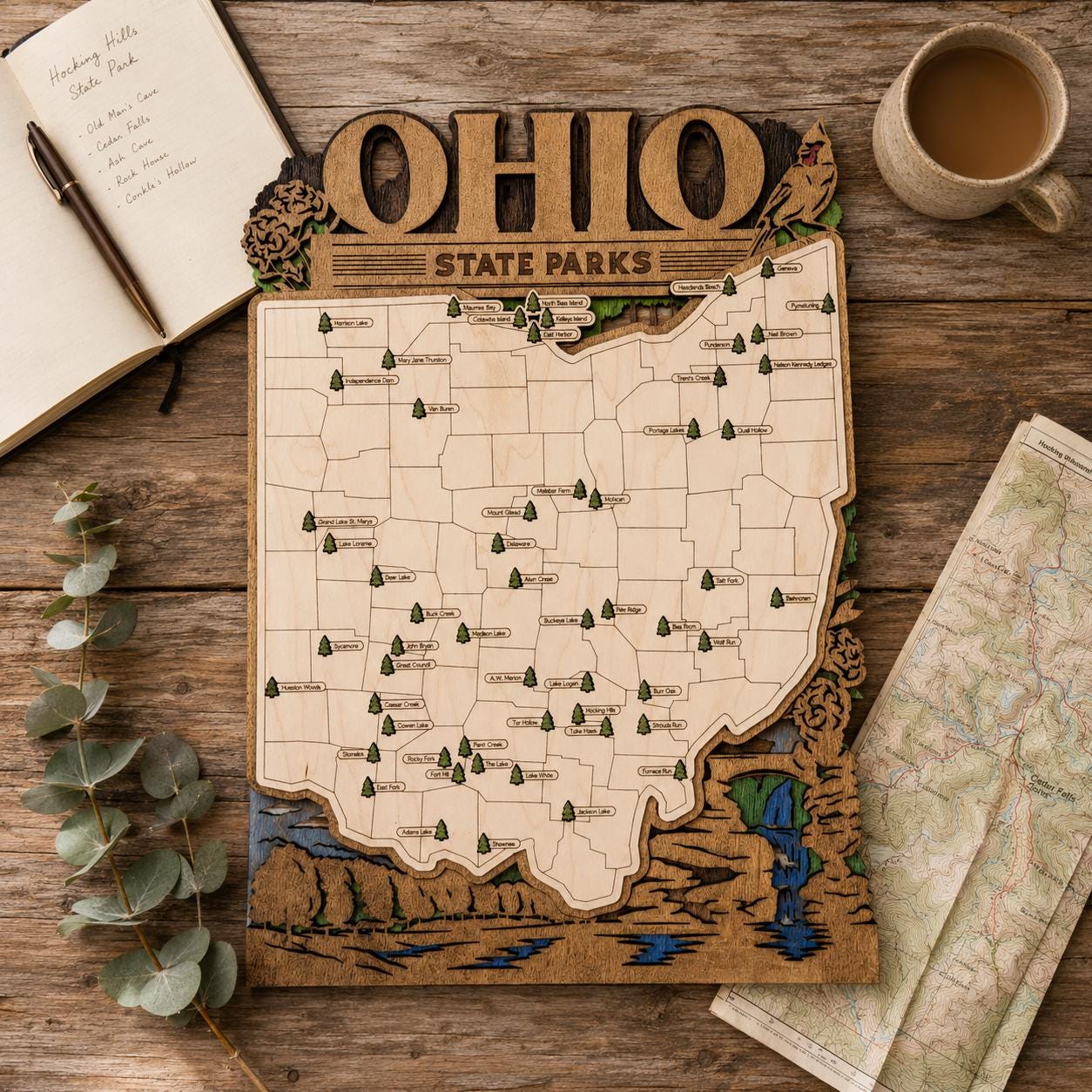 Personalized Ohio State Parks Map | OH Travel Tracker | Layered Wood Adventure Keepsake | Hiking & Camping Gift | Ohio Wall Art