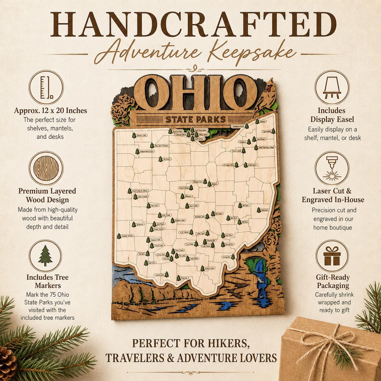 Personalized Ohio State Parks Map | OH Travel Tracker | Layered Wood Adventure Keepsake | Hiking & Camping Gift | Ohio Wall Art