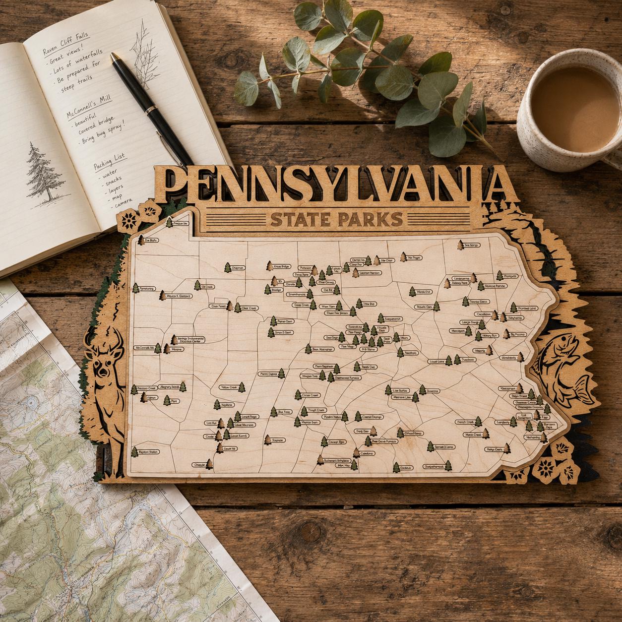 Personalized Pennsylvania State Parks Map | PA Travel Tracker | Layered Wood Adventure Keepsake | Hiking & Camping Gift