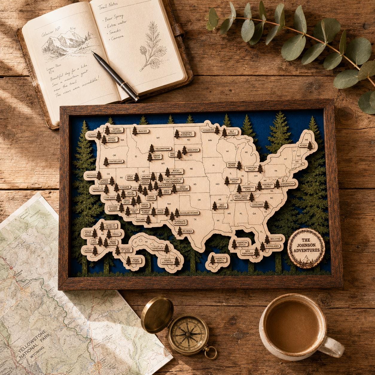 Personalized National Park Map | Laser Cut Wood Tracker | Framed Wall Art | Hiking Gift for Her | Hiking Gift for Him | National Park Gift
