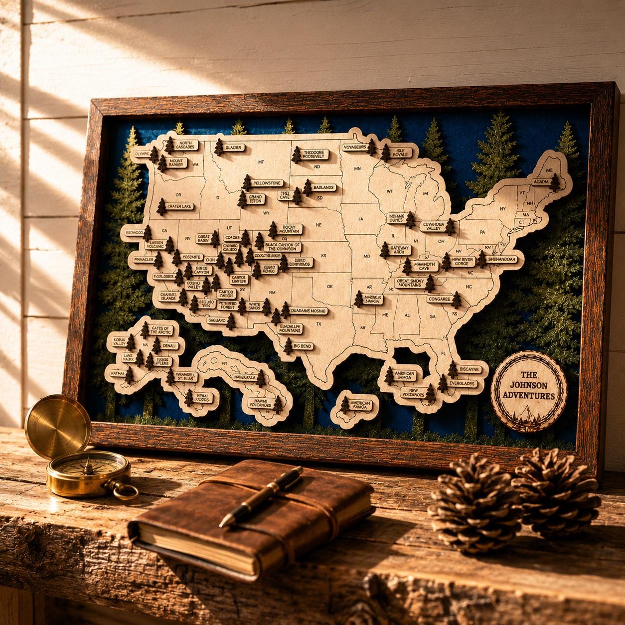 Personalized National Park Map | Laser Cut Wood Tracker | Framed Wall Art | Hiking Gift for Her | Hiking Gift for Him | National Park Gift