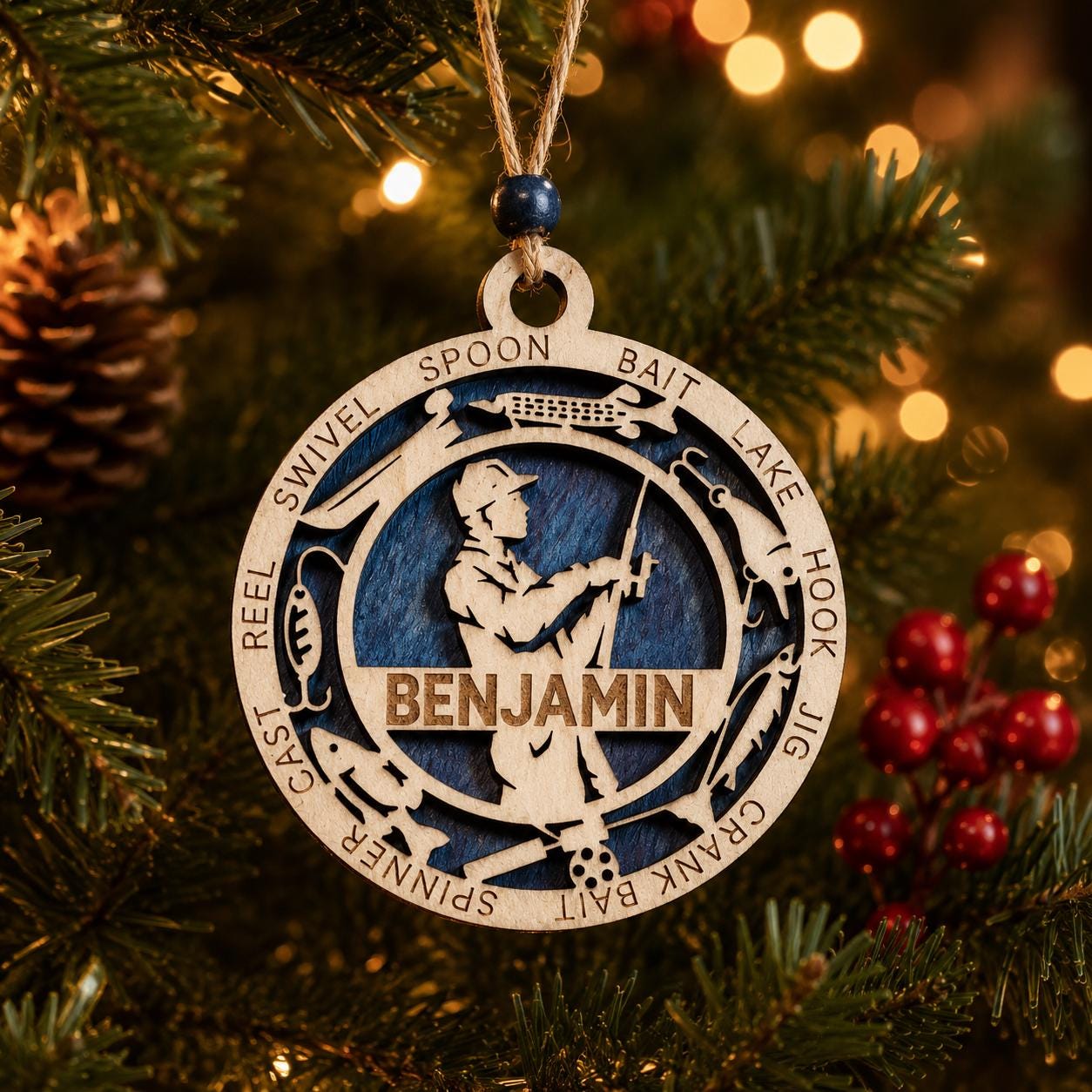 Personalized Fisherman Ornament — Custom Fishing Christmas Ornament — Laser Engraved Gift for Dad