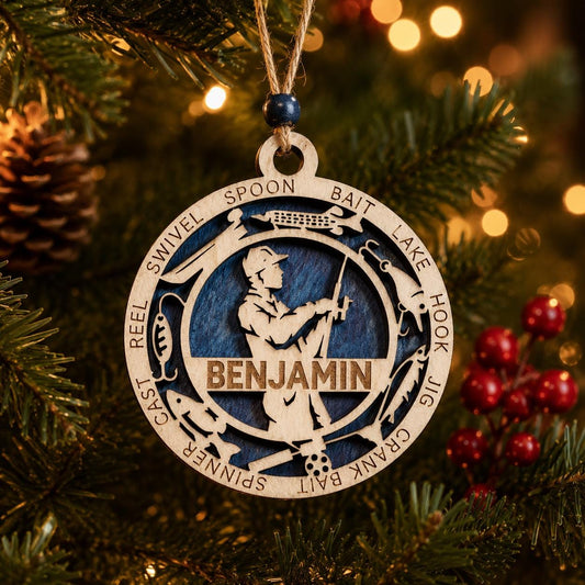 Personalized Fisherman Ornament — Custom Fishing Christmas Ornament — Laser Engraved Gift for Dad