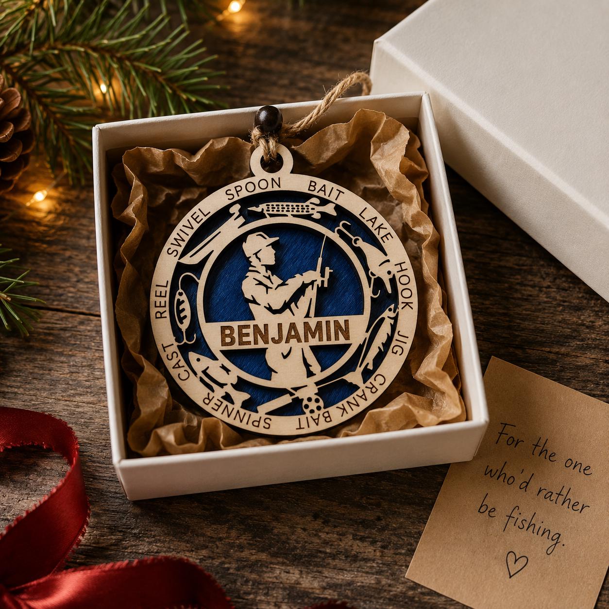 Personalized Fisherman Ornament — Custom Fishing Christmas Ornament — Laser Engraved Gift for Dad
