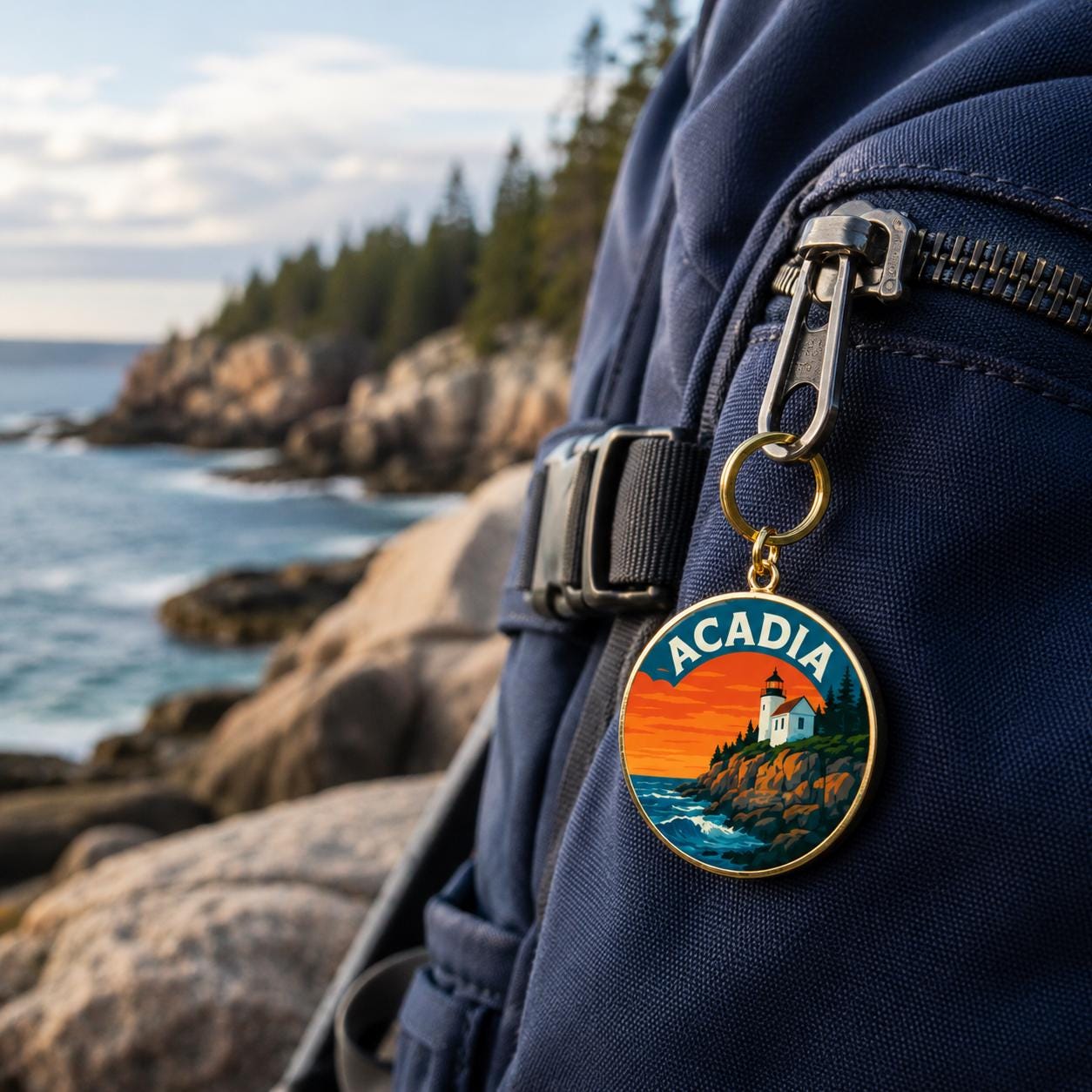 May include: A round metal keychain featuring a colorful graphic illustration of a lighthouse on a rocky coastline with the text ACADIA arched at the top. The keychain is attached to the zipper pull of a dark blue fabric backpack.