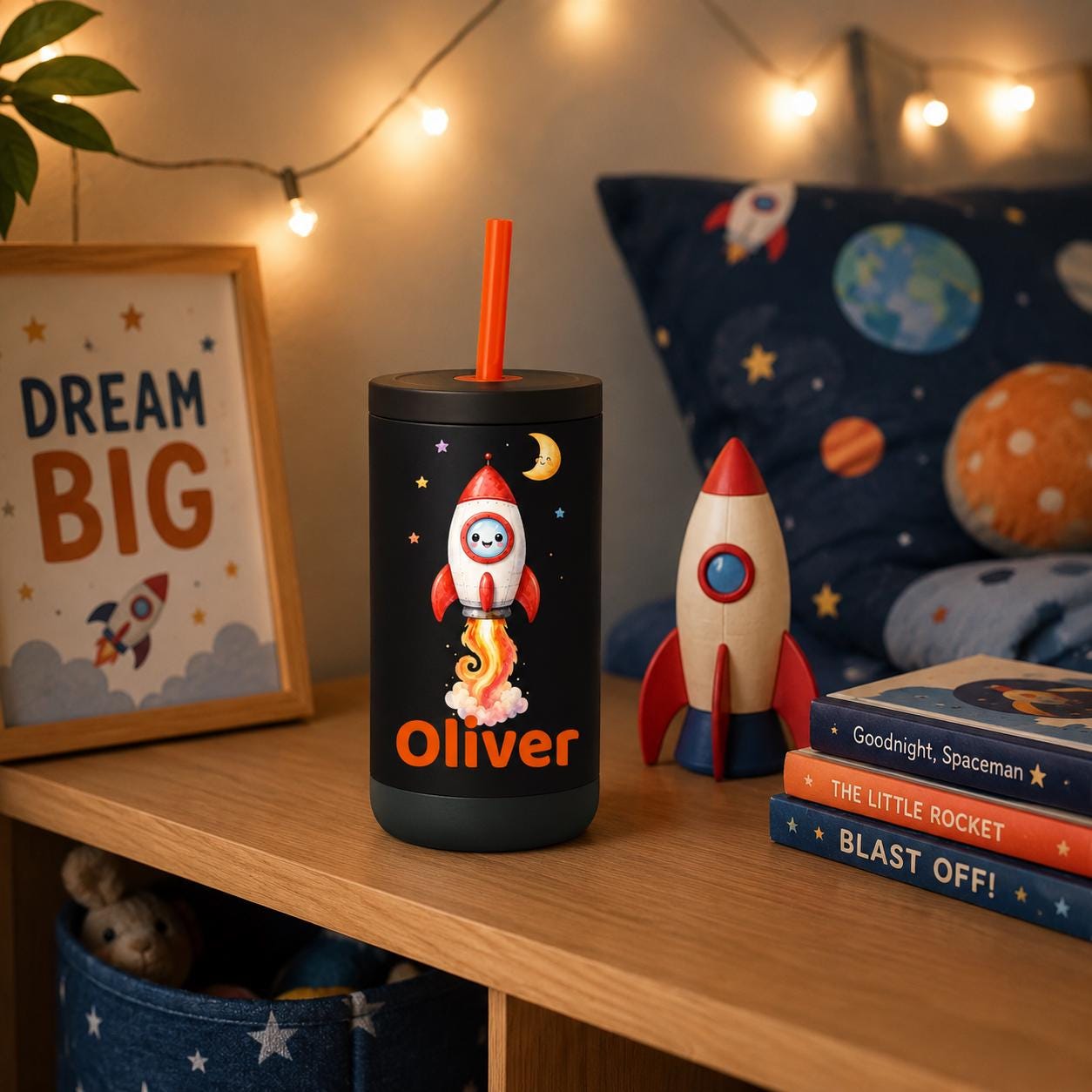 Rocket Water Bottle for Boys, Space Kids Tumbler with Name, Back to School Cup, Personalized Toddler Gift, Kindergarten Cup