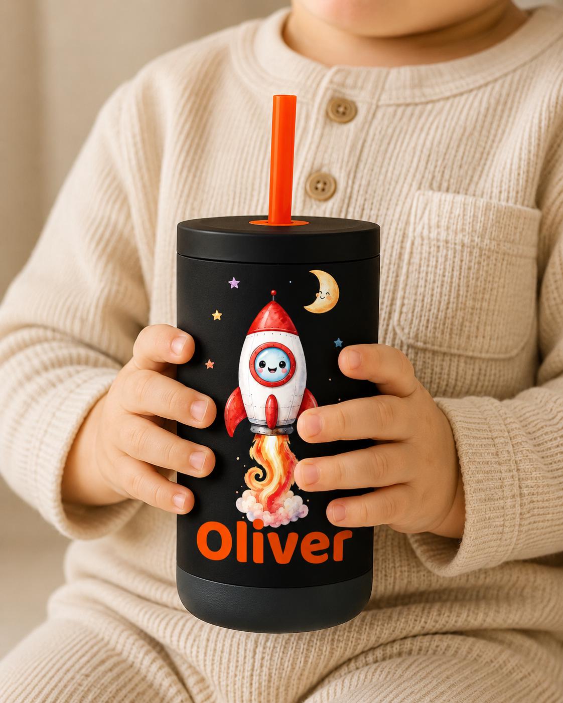 Rocket Water Bottle for Boys, Space Kids Tumbler with Name, Back to School Cup, Personalized Toddler Gift, Kindergarten Cup
