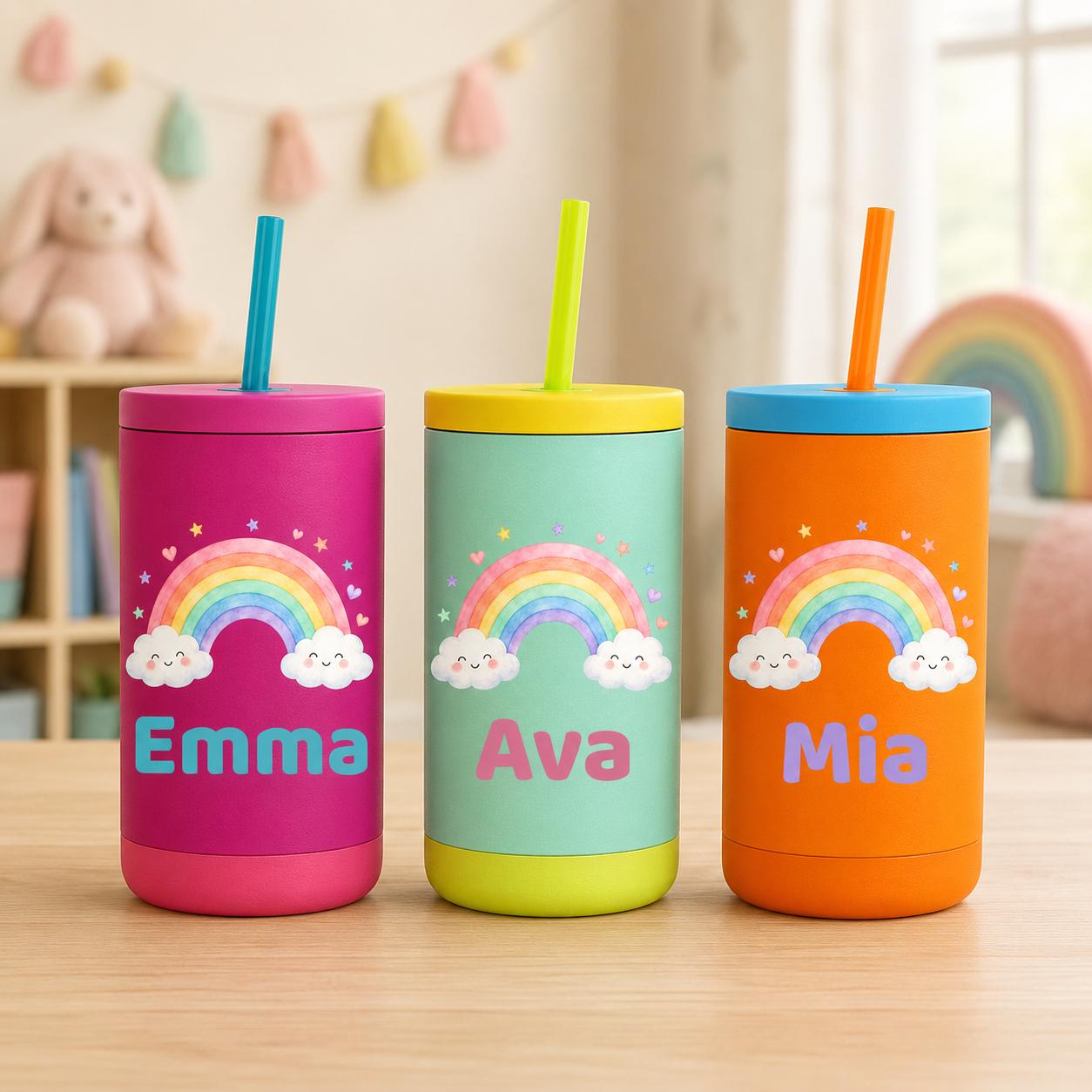 Rainbow Water Bottle for Girls, Kids Tumbler with Name, Back to School Cup, Personalized Toddler Girl Gift, Kindergarten Cup