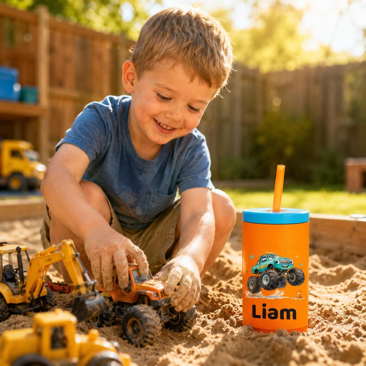 Big Truck Water Bottle for Boys, Kids Tumbler with Name, Back to School Cup, Personalized Toddler Boy Gift, Kindergarten Cup